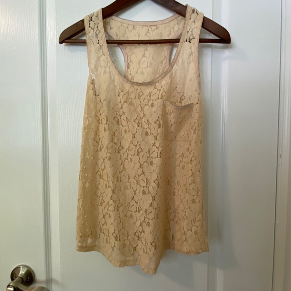 Blush/ Beige Lace Tank Top with Metallic Beading - Picture 3 of 7